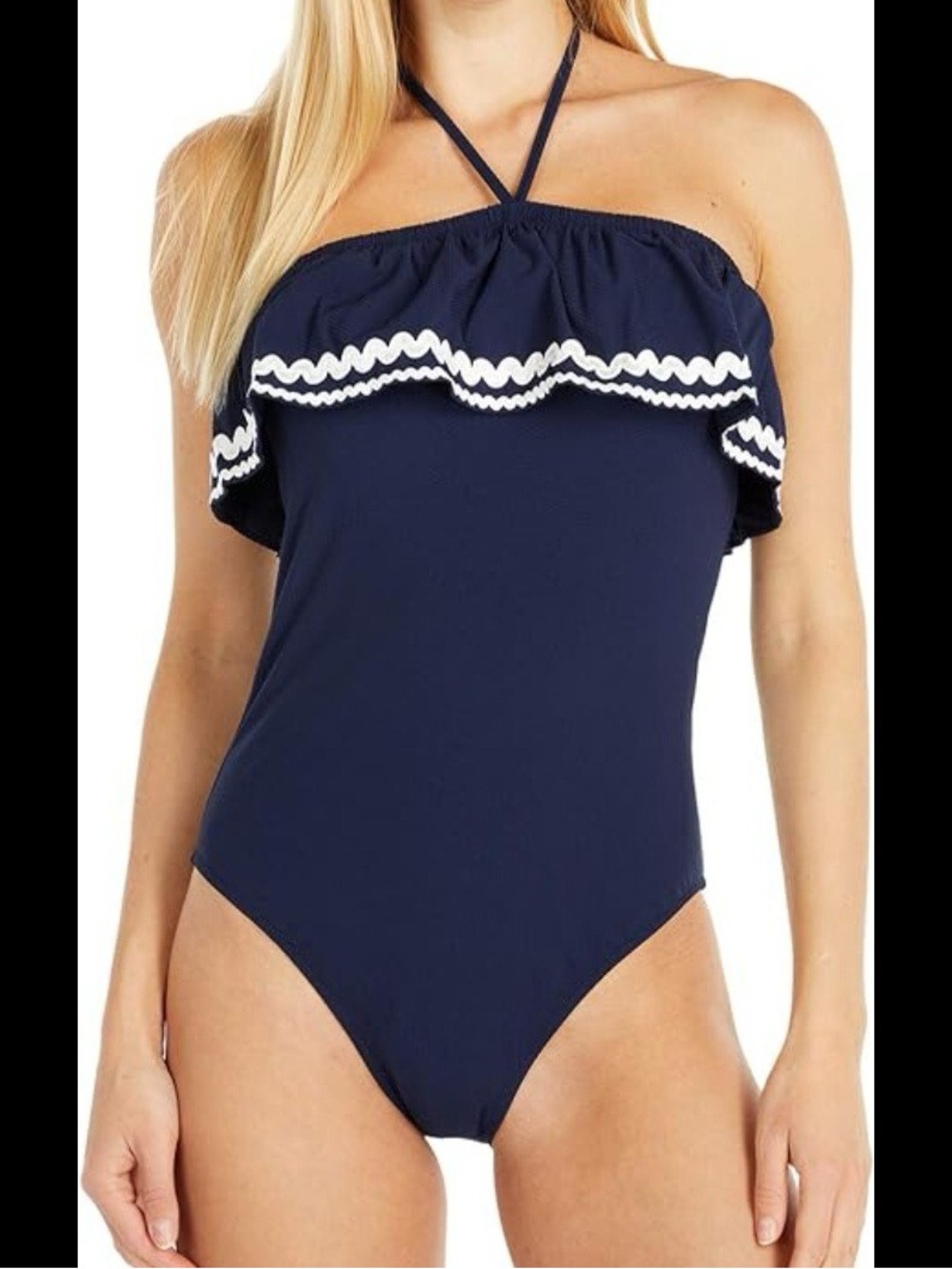 J. Crew Navy One-Piece Swimsuit with White Ruffle Trim